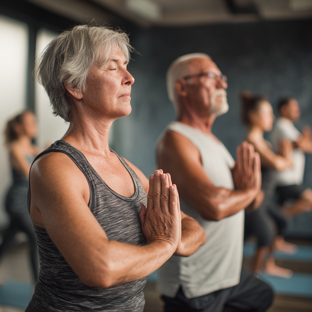 Mature adults practicing gentle yoga poses in peaceful studio setting