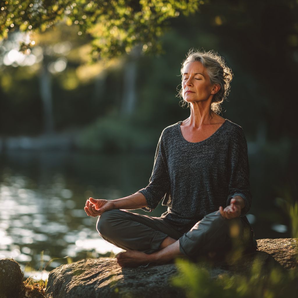 Middle-aged woman practicing peaceful yoga meditation in serene environment